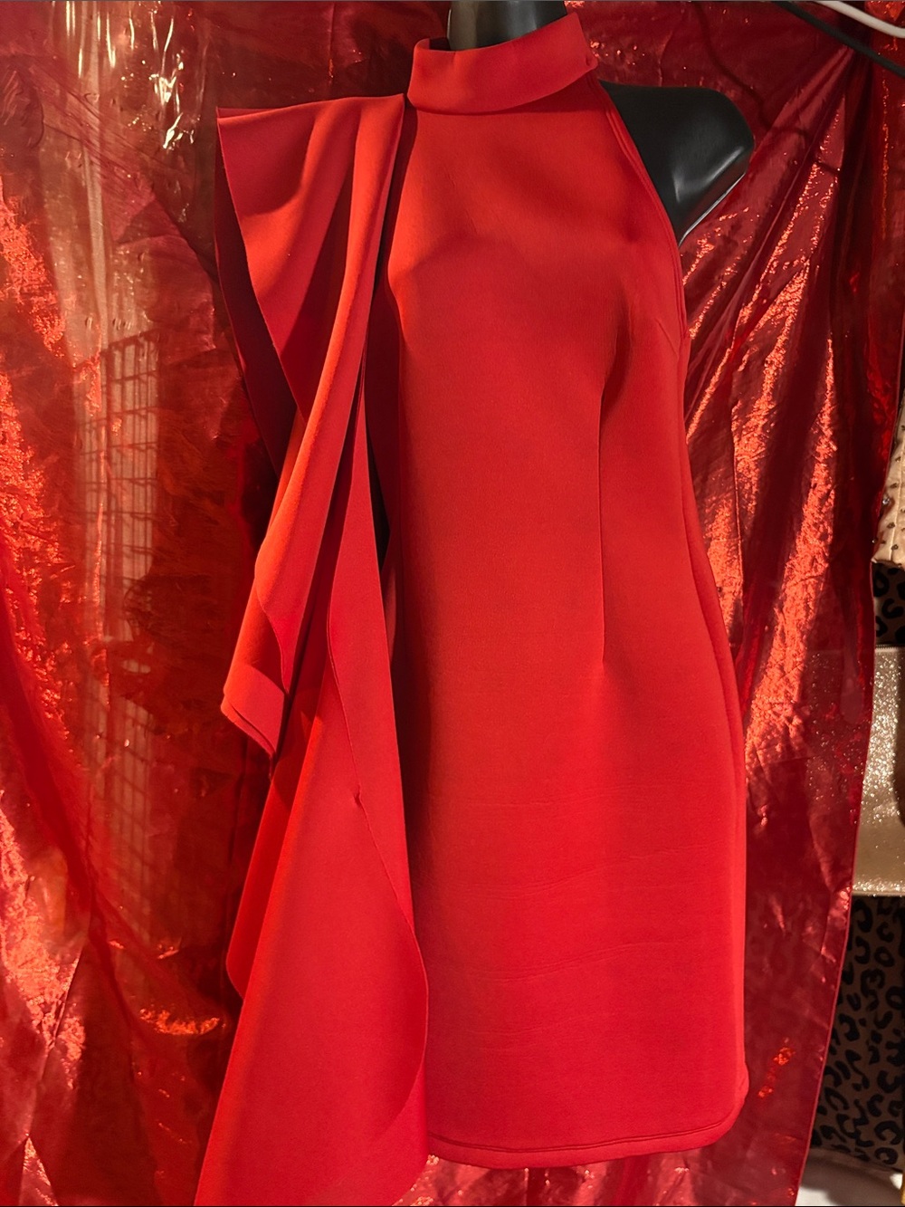 Red One-Shoulder High-Neck Dress